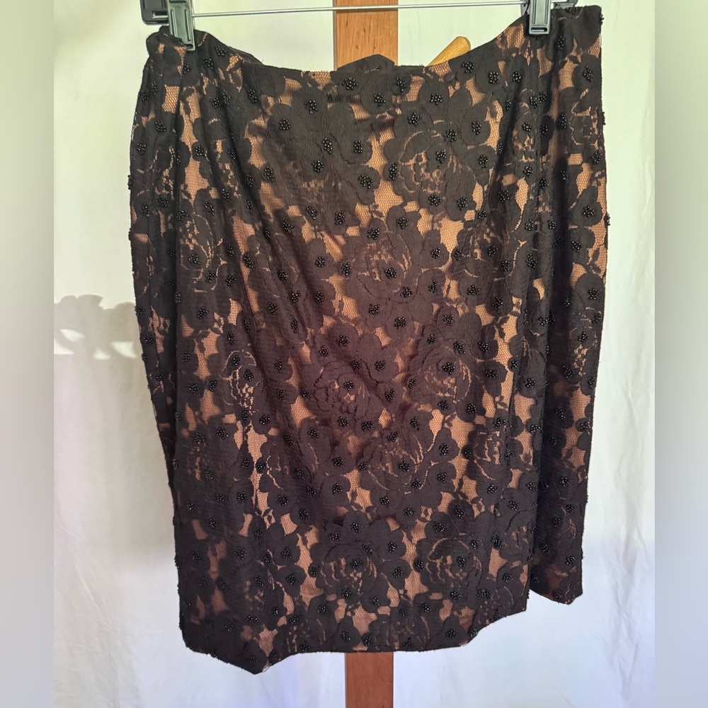 Talbots Black and Tan Lace and Beaded Embellished Pencil Skirt